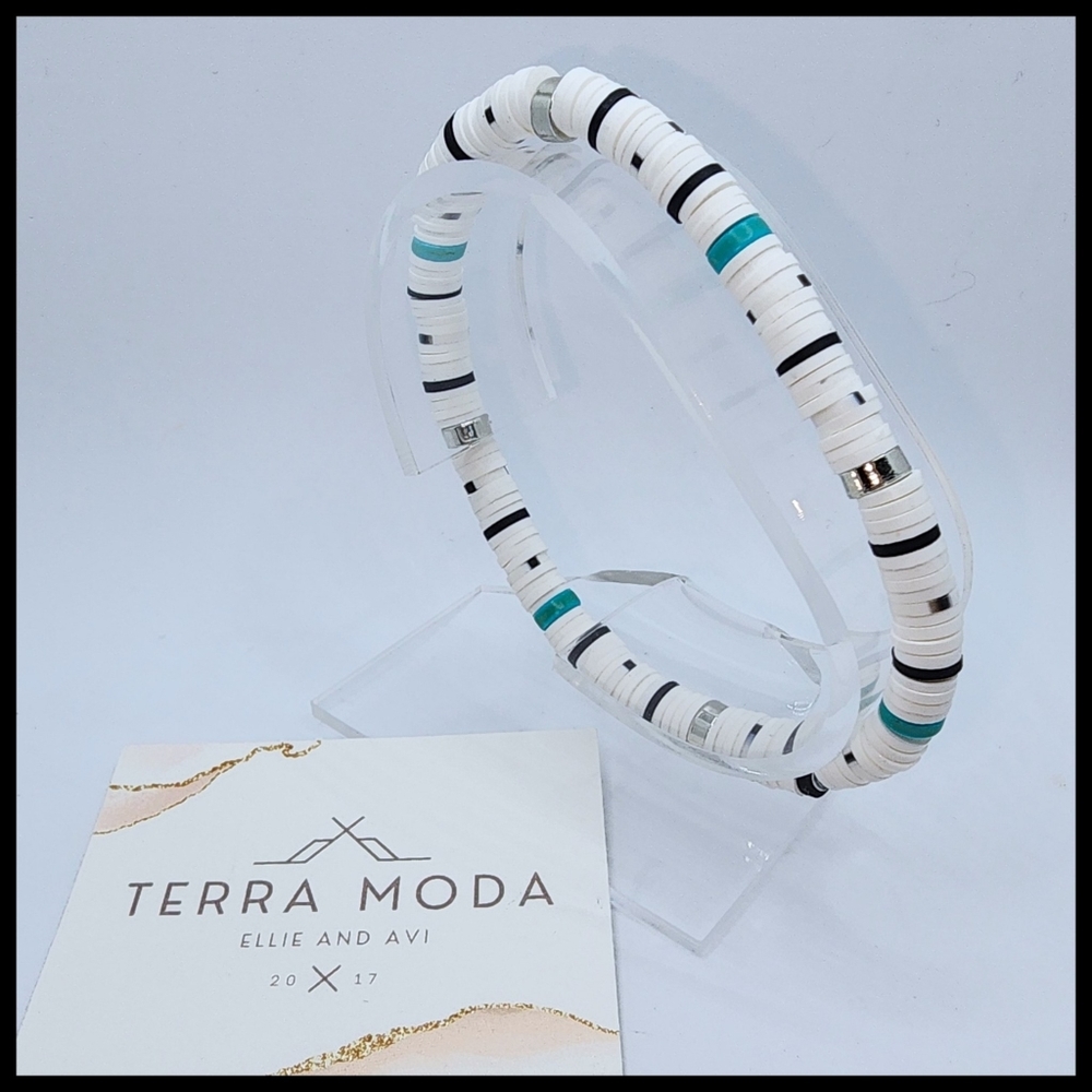 Clay, Stone, and Metalic Beaded Elastic Bracelet
